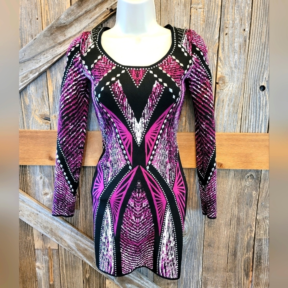 Guess Purple Black Silver Embellished Bodycon Stretch Dress Zip Back XS. EUC